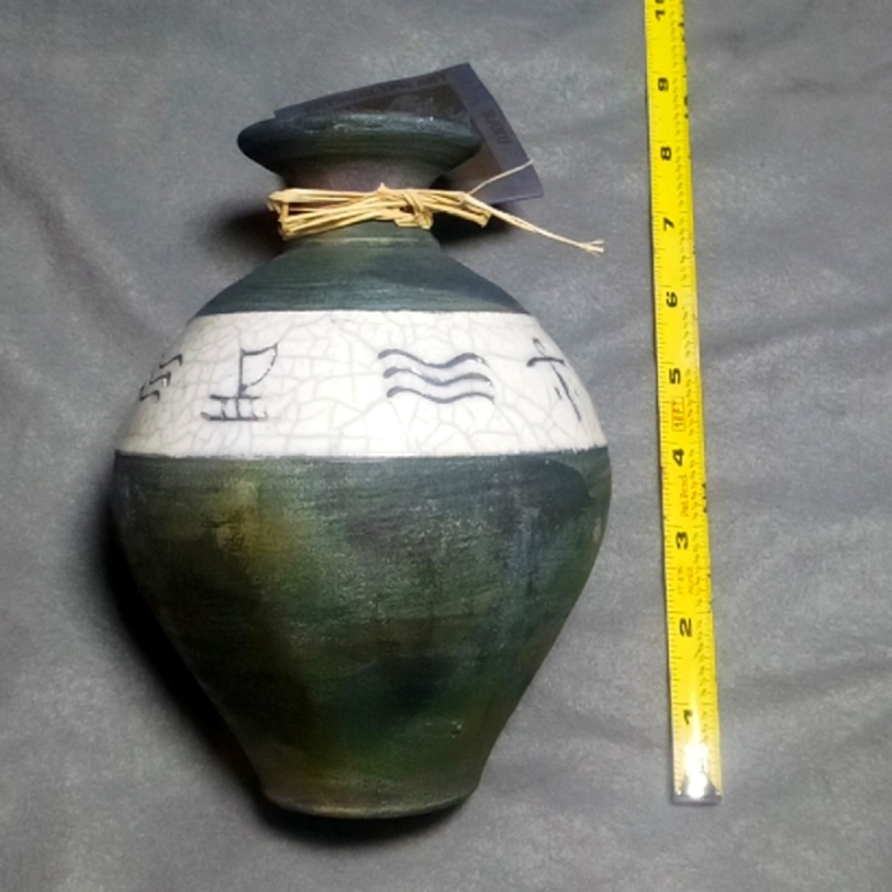 Green vase by Raku Petroglyph Art